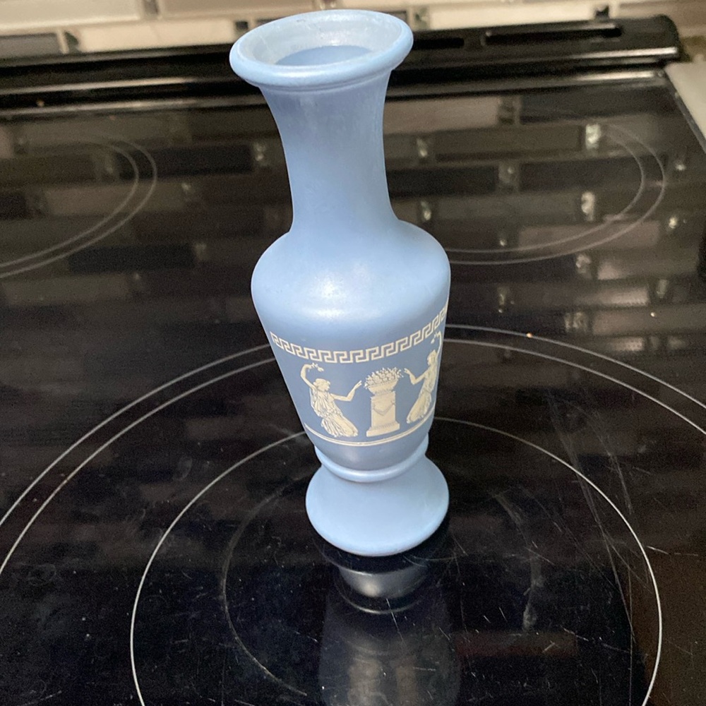 Vintage Greek Key Grecian Figures Small 6” Blue Ceramic Bud Vase